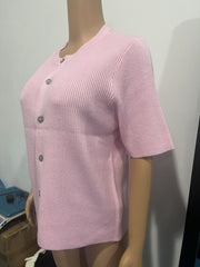 Dusty pink ribbed button-down cardigan with short sleeves and a cropped fit.