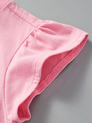 Baby pink t-shirt with ruffled cap sleeves and decorative stitching