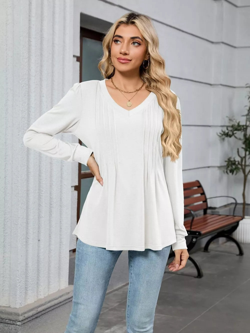 White V-neck long sleeve maternity t-shirt with pleated front detail