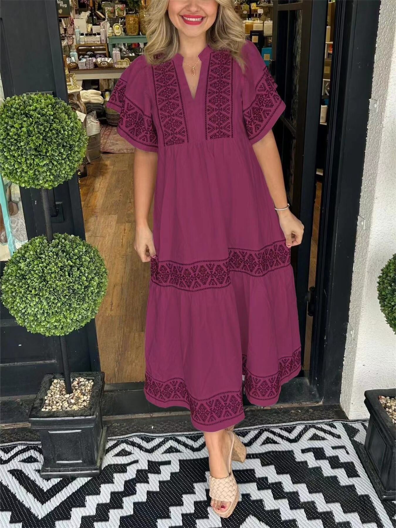 Full Size Geometric Print Midi Dress Plus Size in Wine Red, alternate angle