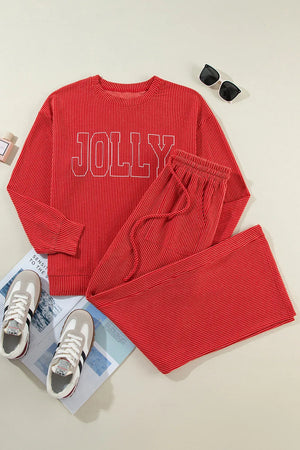 Deep Red ribbed knit loungewear set with "JOLLY" graphic on sweatshirt and drawstring pants.