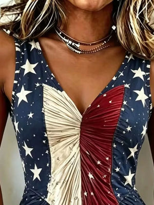 American Flag Print V-neck Sleeveless Tank Plus Size in Red, side view
