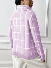 Pink purple turtleneck sweater with white grid pattern and ribbed trim.