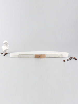 White elasticated buckle belt with gold-tone buckle and leather detail