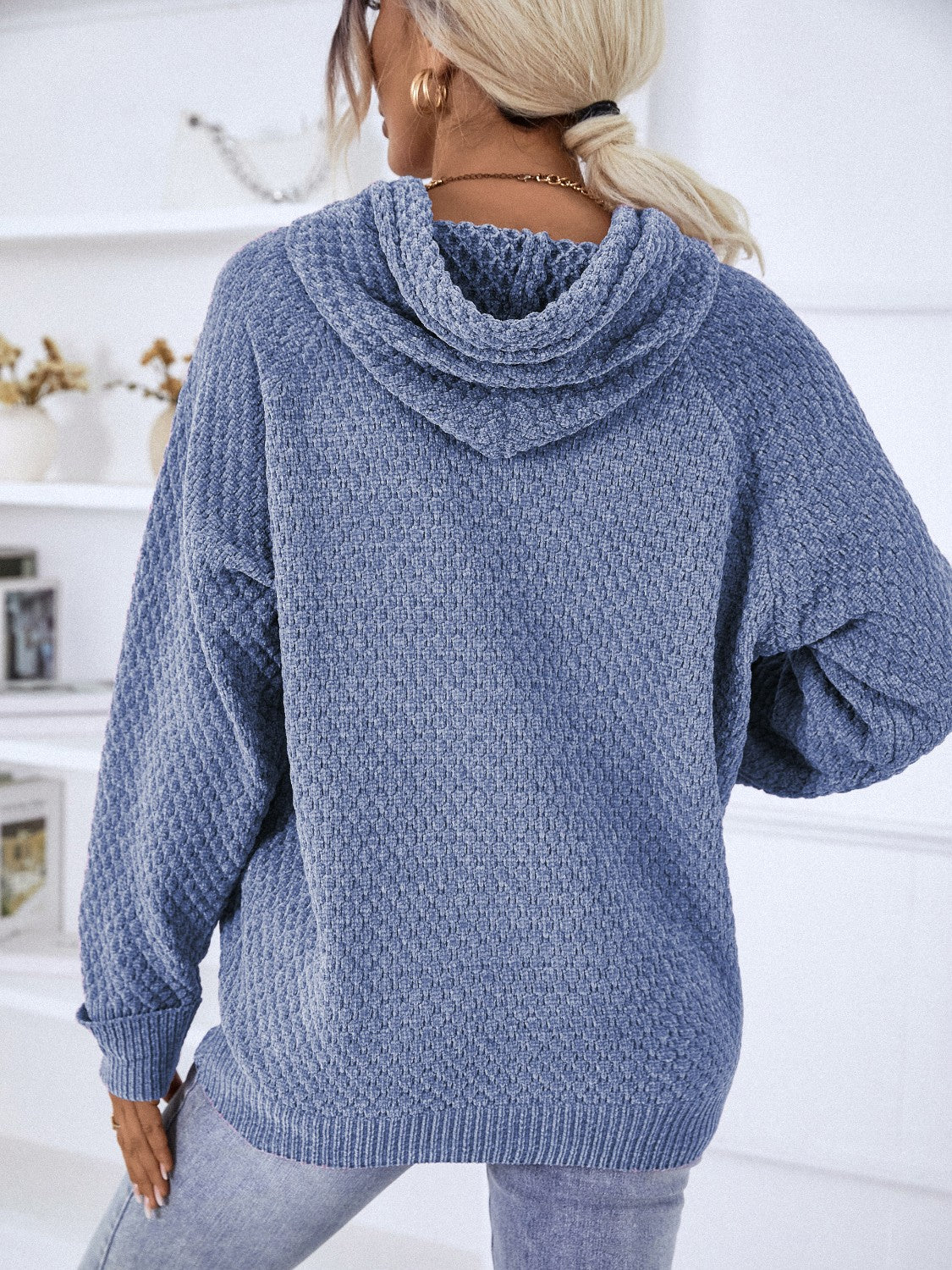 French blue textured knit raglan sleeve hoodie with a cowl neck hood.