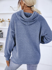 French blue textured knit raglan sleeve hoodie with a cowl neck hood.