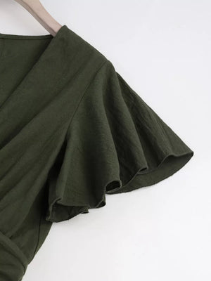 Olive green cotton romper with flutter sleeves and tie-waist detail