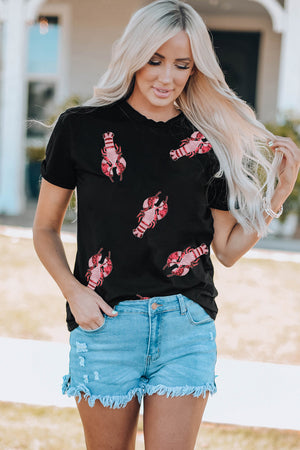 Black cotton crew neck tee with allover pink sequin lobster motif
