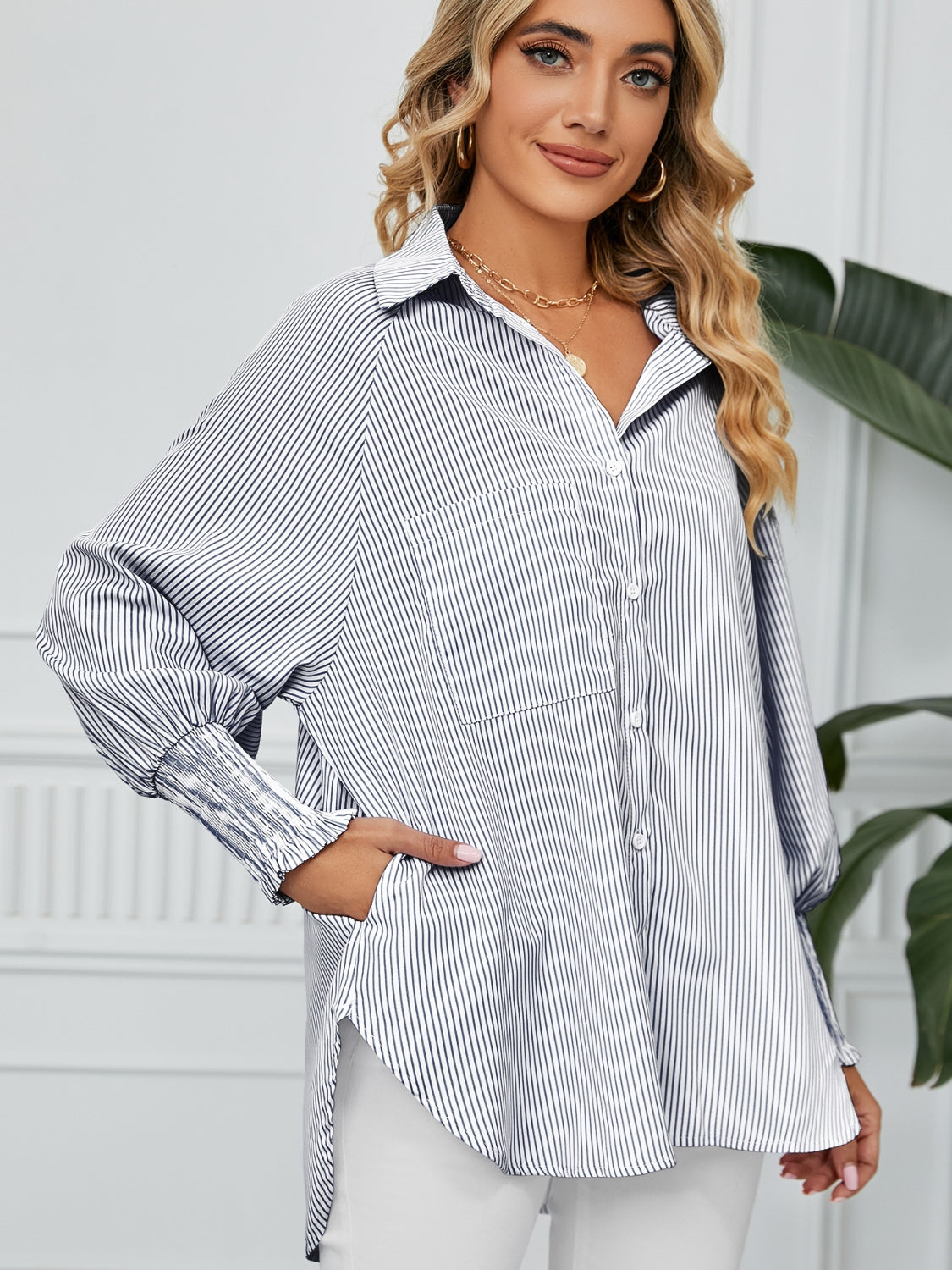 Stripe balloon sleeve button-up shirt with smocked cuffs and chest pocket