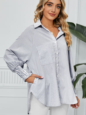 Stripe balloon sleeve button-up shirt with smocked cuffs and chest pocket