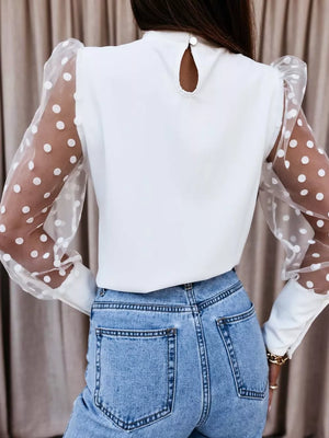 Sheer Polka Dot Sleeve Top in Black, model styling view