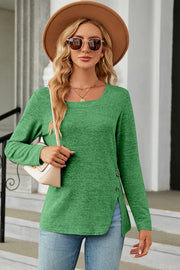 Green asymmetric button-detail square neck long sleeve blouse with side slits