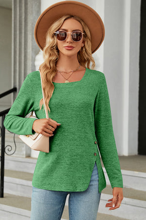 Green asymmetric button-detail square neck long sleeve blouse with side slits
