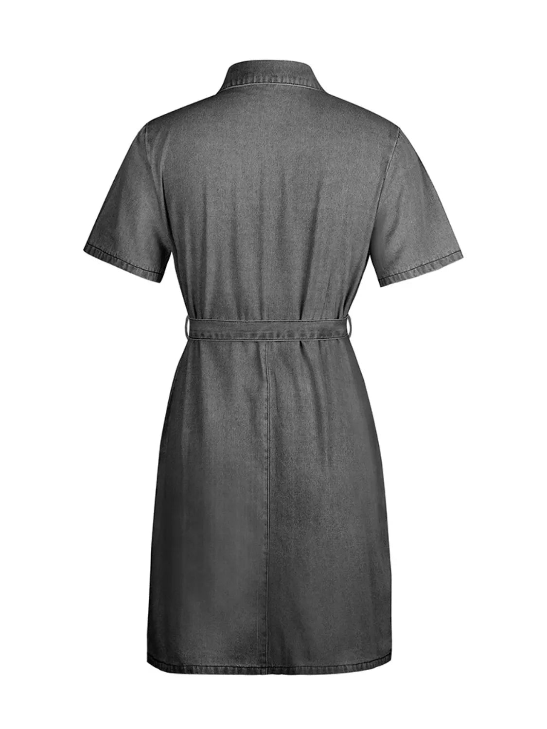 Belted denim shirtdress in dark gray with short sleeves and a collared neckline.