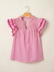 Shirred yoke ruffled sleeve maternity blouse in pink and white stripes with a V-neck.