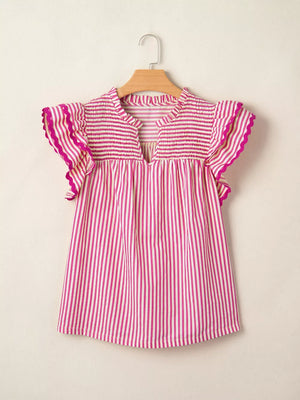 Shirred yoke ruffled sleeve maternity blouse in pink and white stripes with a V-neck.