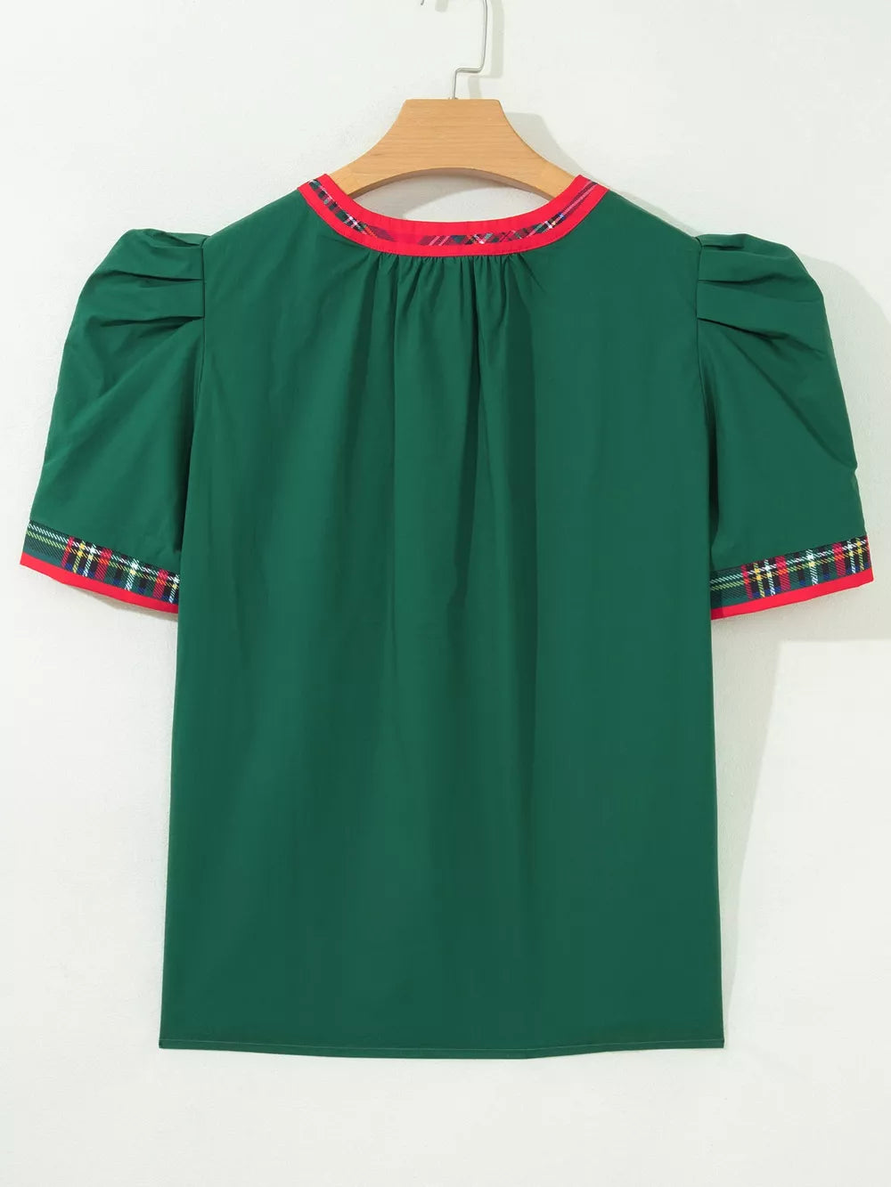 Plaid Trim V Neck Short Sleeve Blouse in Dark Green, model styling view
