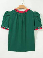 Plaid Trim V Neck Short Sleeve Blouse in Dark Green, model styling view