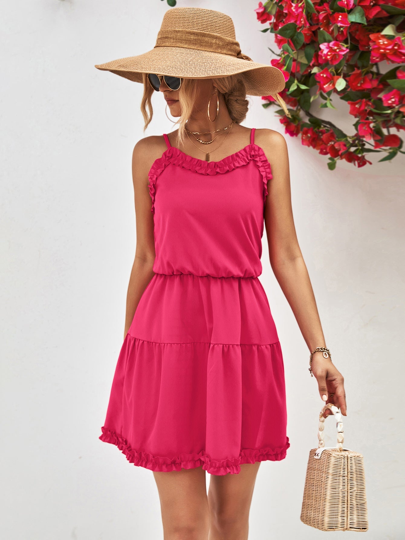 Hot pink camisole tiered mini dress with ruffled neckline and hem