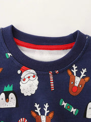 Children's dark navy crew neck sweatshirt with Christmas print, featuring Santa, reindeer, penguins, and candy canes.