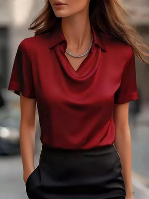 Wine Red satin cowl neck shirt with short sleeves and collar detail.
