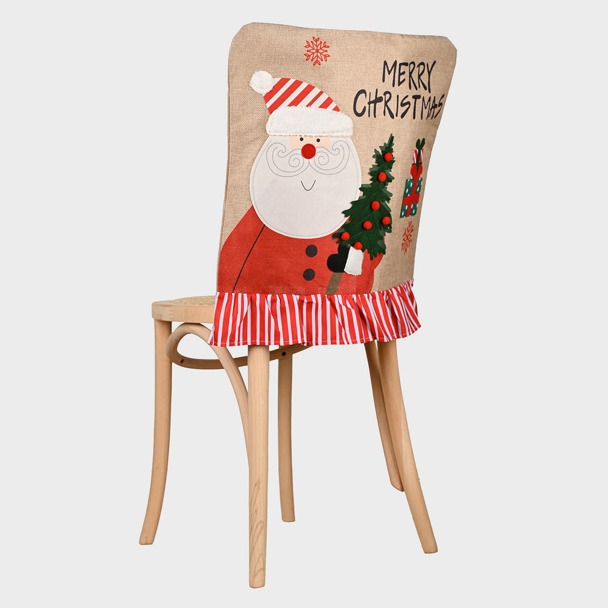 Christmas chair cover with Santa, tree, and red striped ruffle