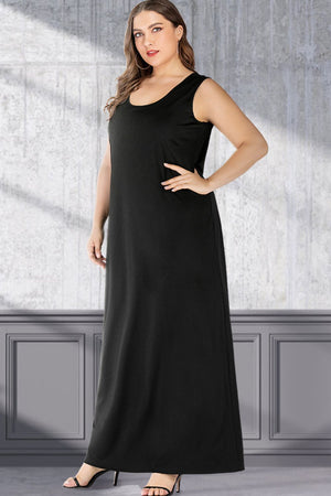 Black scoop-neck maxi column dress with a sleeveless design and a relaxed fit.