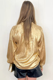 Metallic Sheen V Neck Gathered Cuff Blouse, model styling view