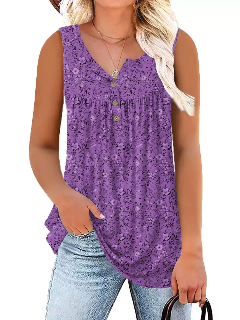 Purple floral print henley tank top with button detail and ruffled neckline.