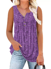 Purple floral print henley tank top with button detail and ruffled neckline.