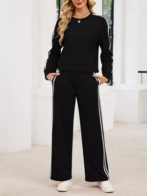 Striped Round Neck Sweatshirt And Pants Set in Black, fabric detail