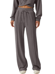Gray cropped twist-front top and relaxed pants set with drawstring waist