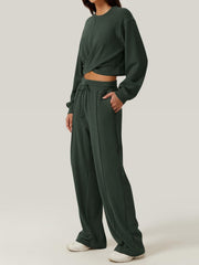 Cross-front knit lounge top and wide-leg pants set in Army Green.