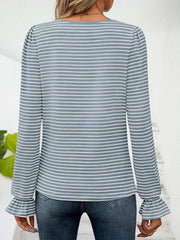 Light Blue striped blouse with ruffle cuffs and square neckline.