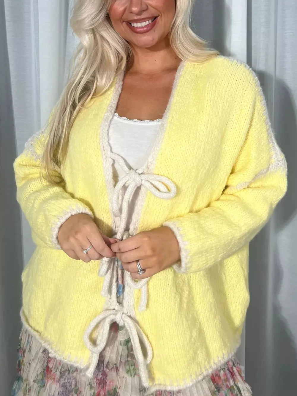 Tie Front Drop Shoulder Cardigan in White, view 14