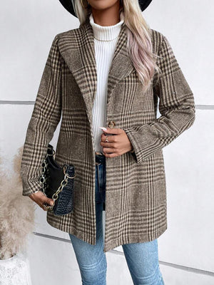 Coffee brown plaid single-button tailored overcoat with notched lapels.