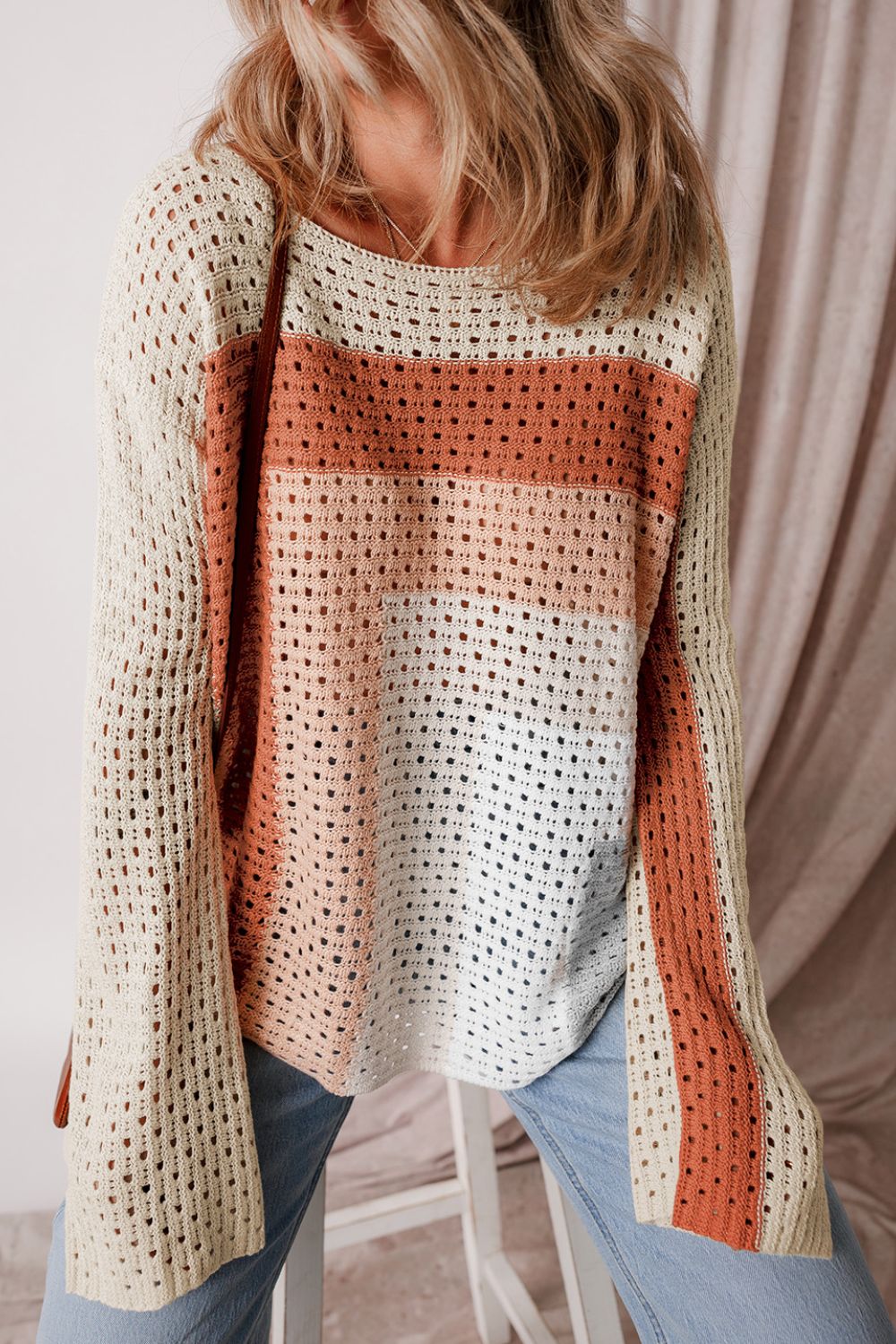Ombre crochet panel sweater in beige, acrylic knit, casual cut.