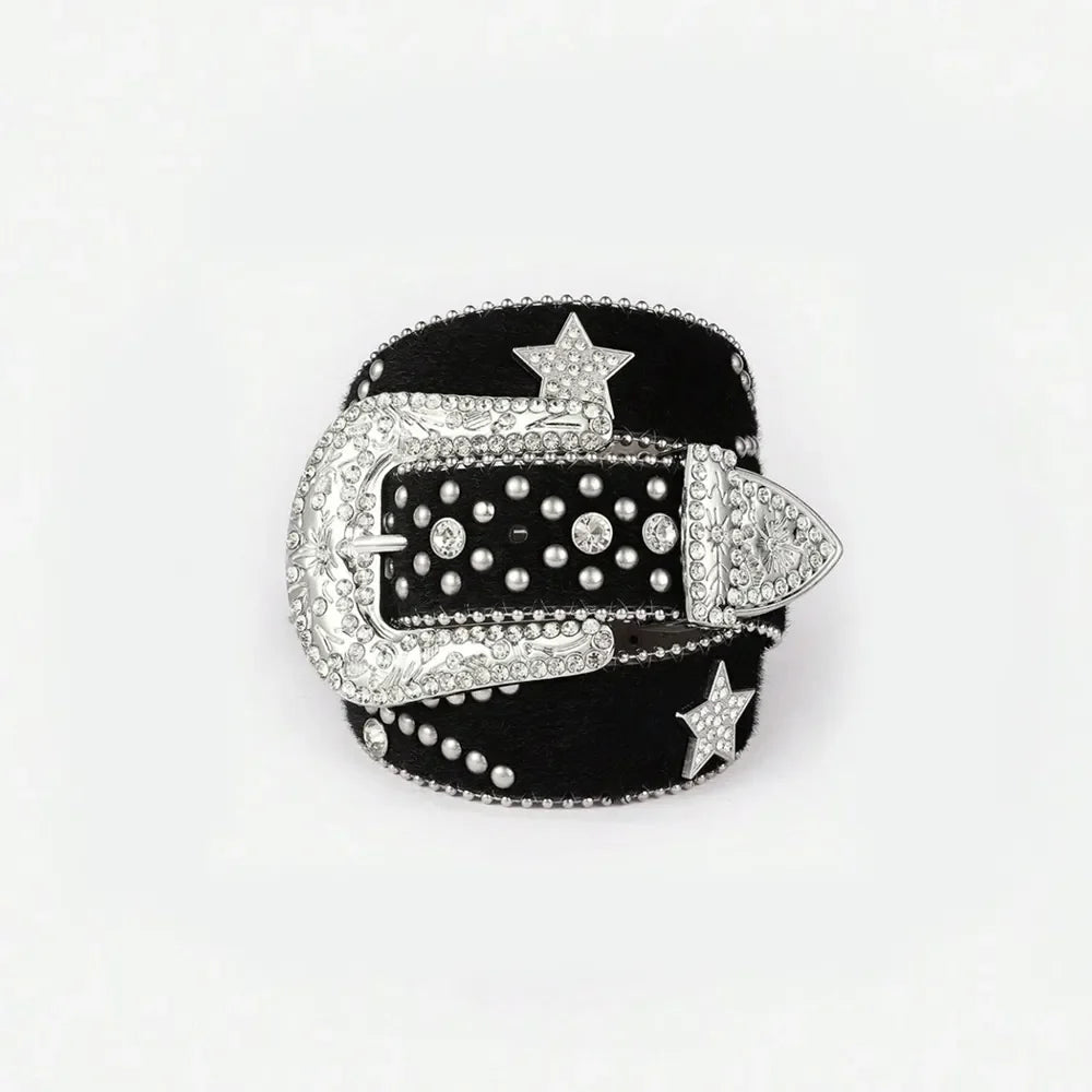 Black western belt with crystal embellishments and star details