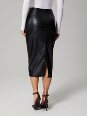 Black faux leather midi skirt with ruched detail and back slit