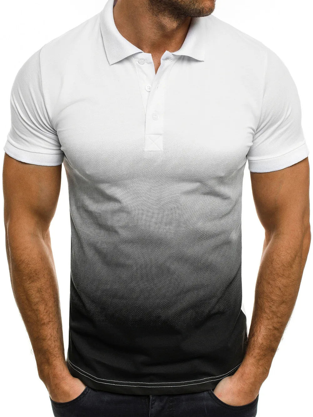 Men's white to black gradient polo shirt with button detail, short sleeves, cotton.