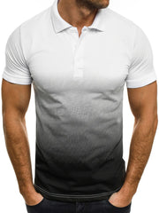 Men's white to black gradient polo shirt with button detail, short sleeves, cotton.