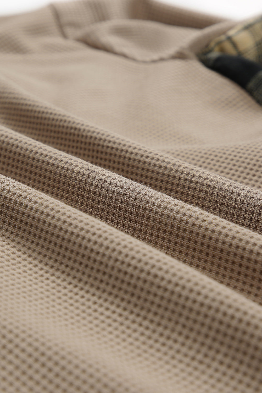 Waffle knit overshirt in Sand with plaid trim detail