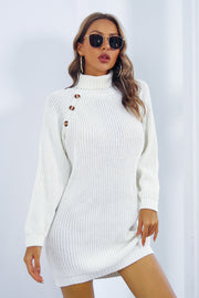 White knit turtleneck mini dress with button detail on shoulder