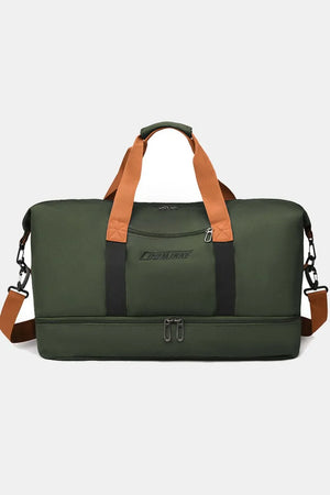 Loomirke weekend holdall duffel bag in Black Forest green with tan straps and dual zip bottom compartment.