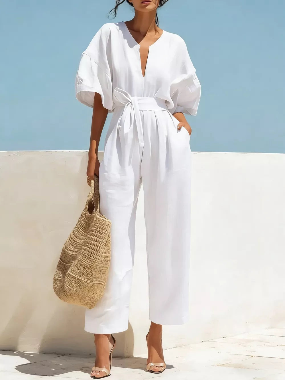 Tie Waist Wide Leg Jumpsuit, fabric detail