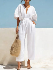Tie Waist Wide Leg Jumpsuit, fabric detail