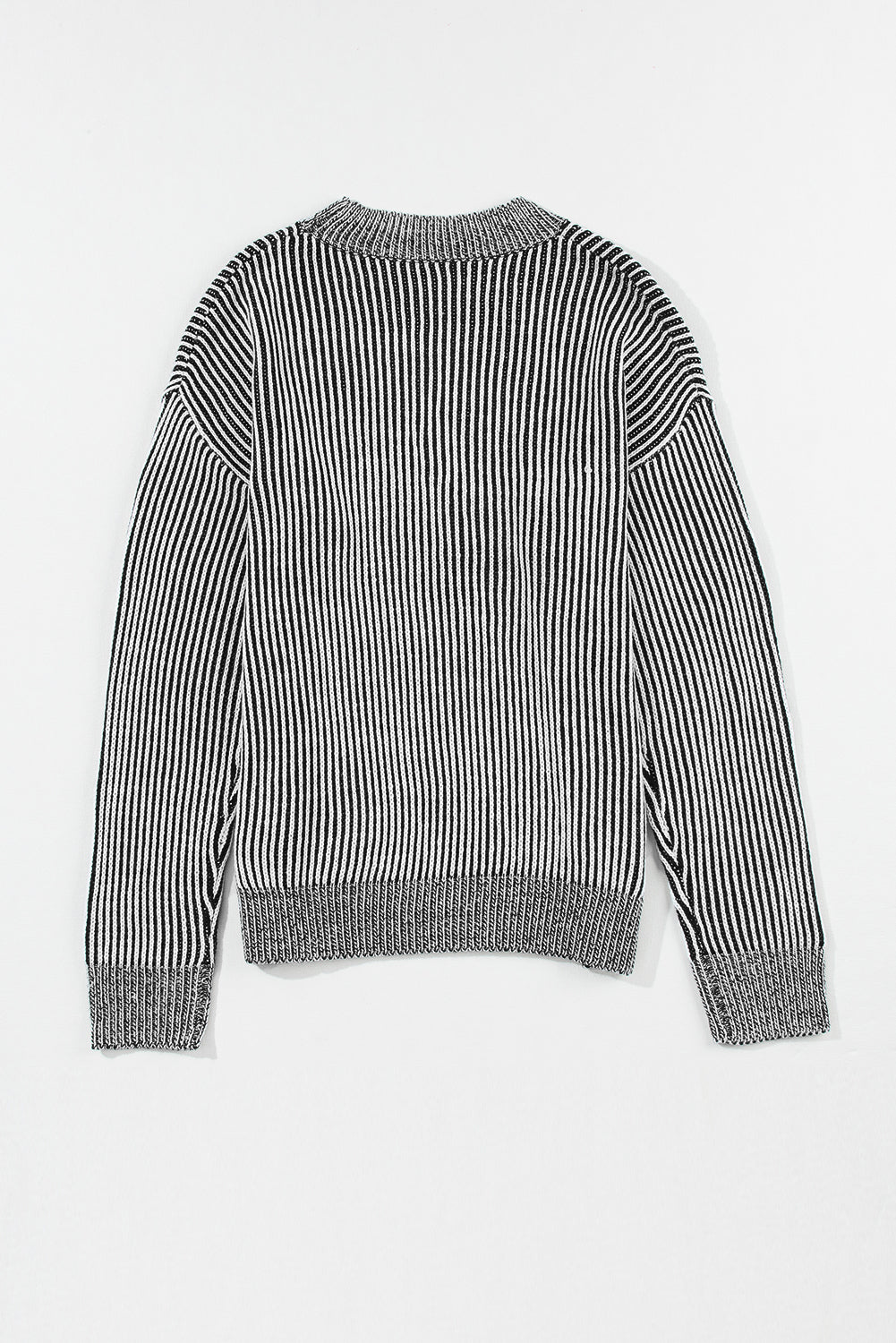 Black and white striped acrylic mock neck pullover sweater with ribbed details.