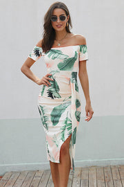 Off-shoulder midi dress in Gum Leaf floral print with side slit and ruched detail.