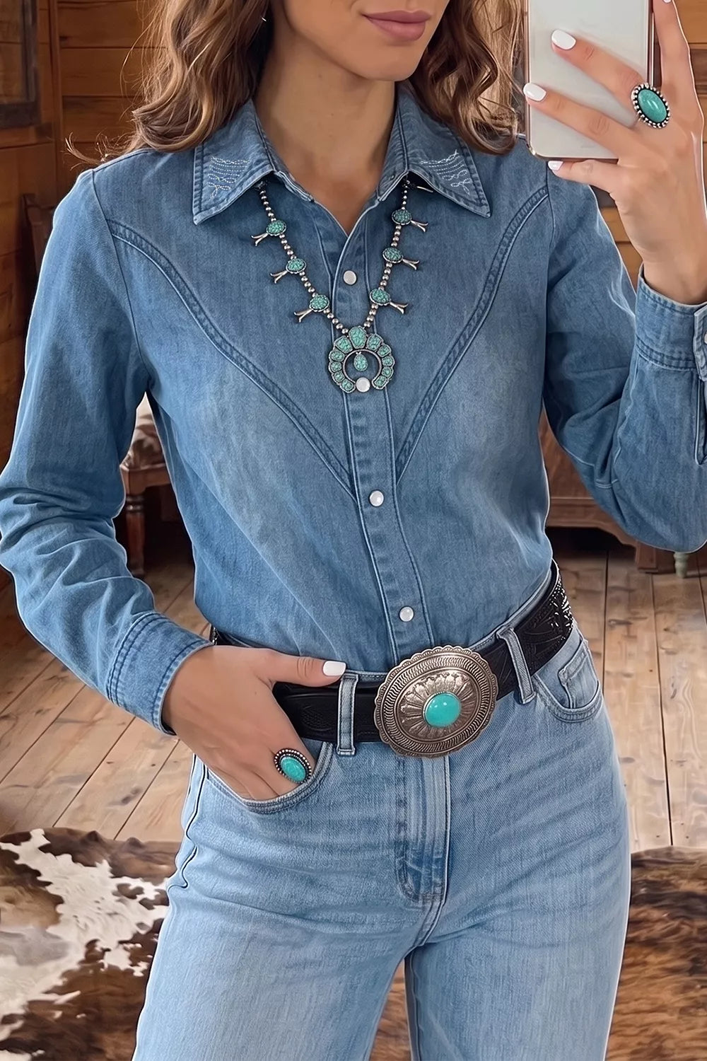 Long Sleeve Collared Denim Shirt in Medium, front view
