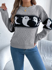 Gray cable knit crewneck sweater with a black and white ghost motif pattern.
